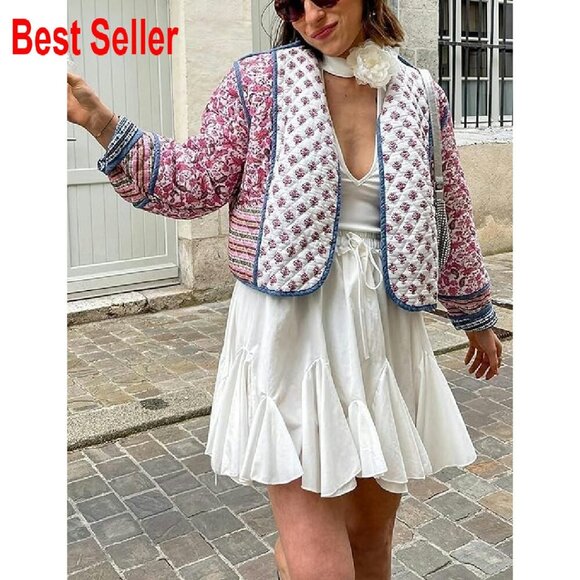 Cropped Floral Puffer Jacket Lightweight Quilted Open Front Chic Cardigan - Picture 2 of 7